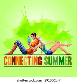 couple of young people relaxing on the background of big greeen spot. 
Summer illustration. A dark-haired man reads and blonde girl dreams and 
sunbathe