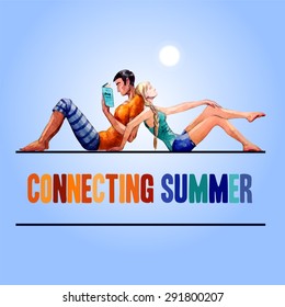 couple of young people relaxing on the background of the clear blue sky and 
sun in summer. A dark-haired man reads and blonde girl dreams and sunbathe

