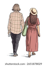 Casal de jovens em estilo retrô andando ao ar livre juntos, vista traseira, desenho de mão realista, ilustração de vetor