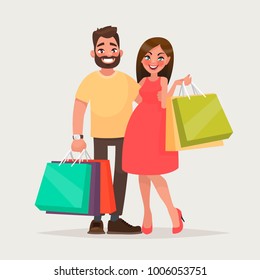 Couple of young people shopping. Man and woman with packages. Vector illustration of a cartoon style