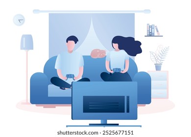 Couple of young people sitting on the couch. Two adults are holding controllers and playing video game on TV. Living room interior with furniture. Human characters in trendy style. Vector illustration