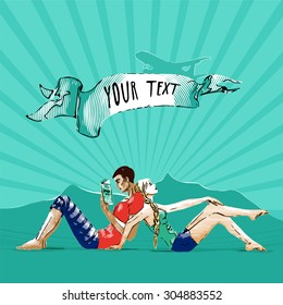 couple of young people  sitting on a ground in comics and pop art style. They have a rest and read a book on the outdoor under the ribbon with text in the sky