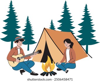 Couple Young People Spend Time Deep Forest. Active Tourist Characters Sitting on Field with Tents, Playing Guitar at Campfire. Friends Company on Vacation. Cartoon Vector Illustration