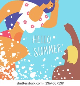 Couple young people swim in the sea, pool or on a tropical beach. Concept trip to the seaside, rest sea travel, holiday and summer leisure