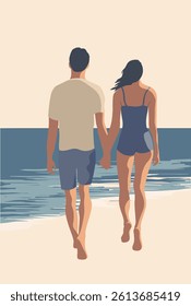 Couple of young people walking on the beach summer vector illustration design