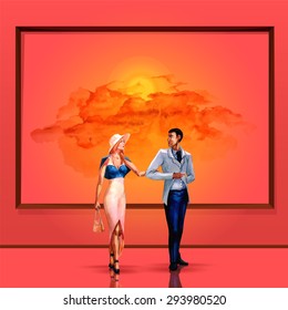 couple of young people walking on the background of the spot of orange sunset sky and clouds. A man in suit takes a hand of red girl in a hat with  a bag. Walking in a gallery