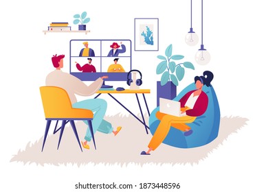 Un par de jóvenes trabajan a distancia en su casa durante la cuarentena, el trabajo por cuenta propia y el trabajo independiente. Personaje masculino haciendo videoconferencia con compañeros reuniéndose en línea. Chica trabaja en una laptop.