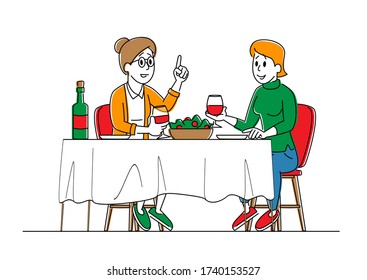 Couple of Young and Senior Women Sitting at Table with Food Drinking Beverages and Communicating at Home. Female Characters Chatting, Having Feast Leisure, Sparetime Linear People Vector Illustration