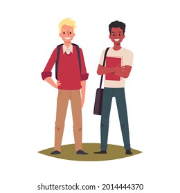 Couple of young students of various ethnicity standing with bags, flat vector illustration isolated on white background. College or university friends or classmates.
