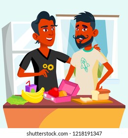 Couple Of Young Teen Gays Cooking Food Together In Kitchen Vector. Isolated Illustration