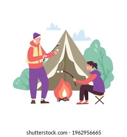 Couple of young tourists man and woman resting in campsite near campfire, flat vector illustration isolated on white background. Hiking traveling young couple.