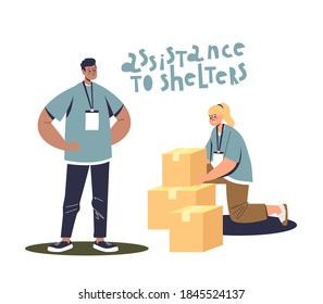 Couple of young volunteers packing boxes of social assistance for shelters. Donation and help poor people concept. Cartoon flat vector illustration