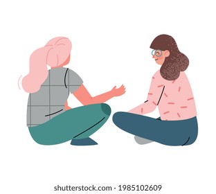 Couple of Young Woman Sitting Cross Legged and Talking Vector Illustration