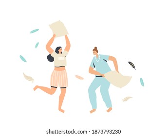 Couple of Young Women in Pajamas Having Pillow Fight at Home with Feathers Flying around. Female Characters Friendship, Leisure, Entertainment and Fun Concept. Linear People Vector Illustration