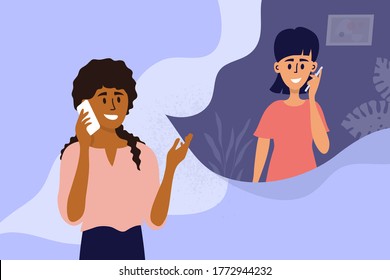 Couple of young women talking on mobile phone. Black girl calling friend by smartphone. People conversation. Female partners dialogue. Social distancing conversation. Characters vector illustration