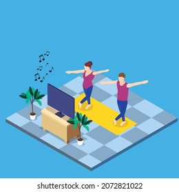 Couple In Zumba Online Class 3d Isometric Vector Illustration Concept For Banner, Website, Landing Page, Ads, Flyer Template