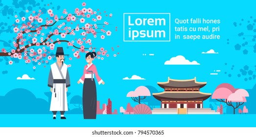 CoupleIn Trajes Tradicionais da Coreia Sobre Sakura Blossom E Coreia Palace Paisagem Plana Ilustração Vector