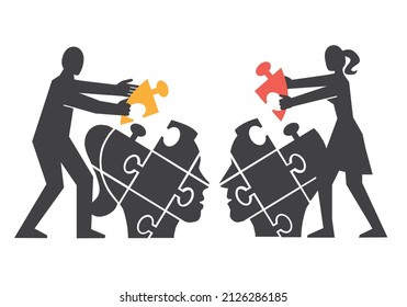 Couple,Mutual understanding and dialog, puzzle concept.
Illustration of couple assembling a puzzle of partner's head, Psychology of relationship concept.Vector available.