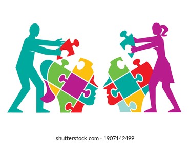 
Couple,psychology of understanding and dialog, puzzle concept. 
Two Male stylized head silhouettes with puzzle speech bubble symbolizing psychological processes of dialogs. Vector available.