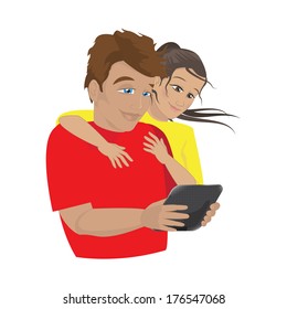 Couple:Reading On The Tablet - Isolated On White Background - Vector Illustration, Graphic Design Editable For Your Design
