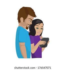 Couple:Reading On The Tablet - Isolated On White Background - Vector Illustration, Graphic Design Editable For Your Design