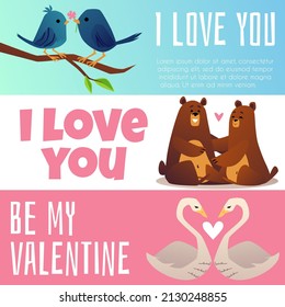 Couples of animals, set of banners or posters with cute swans, birds, bears. Adorable pairs of fall in love with each other. Cartoon vector illustration isolated with text.