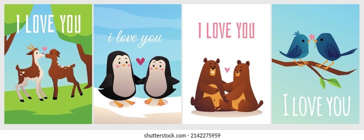 Couples of animals, set of postcard or posters with cute deers, penguins, birds, bears. Adorable pairs of fall in love with each other. Cartoon vector illustration isolated with text.