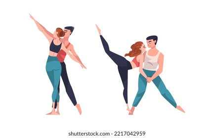 Couples of ballet dancers set. Man and woman professional dancers training and exercising in studio cartoon vector illustration