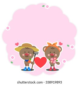 Couples bears farming holding a rake and flowers.