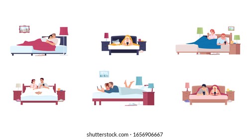 Couples in bed with smartphones flat illustrations set. Devices addiction. Family chatting, browsing internet. People using gadgets at home, having rest and relaxing isolated cartoon characters kit - Shutterstock ID 1656906667