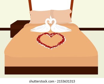 Couple's bedroom sprinkled with rose petals