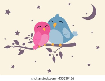 couples of birds sitting on night scene