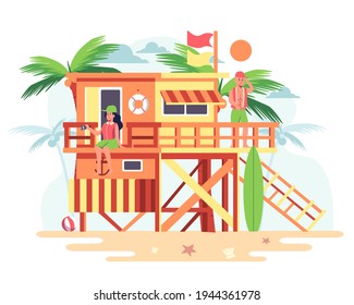 Couples book and stay at the beach house. The wooden house is right next to the beach with coconut trees in the background. A young man and a young woman, enjoying the view. vector illustration flat