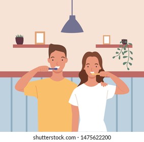 Couples brushing teeth together in the bathroom. Vector illustration in a flat style