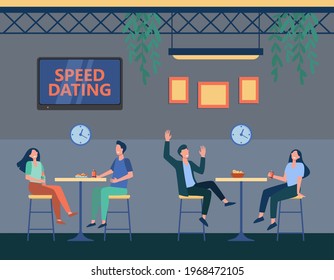 Couples in cafe on speed dating program. Cartoon strangers chatting, clock with timer flat vector illustration. Speed dating, romance concept for banner, website design or landing web page