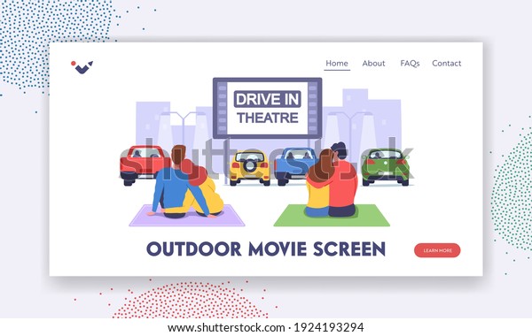 Couples at Car Cinema. Romantic Dating in\
Drive-in Theater Landing Page Template. Loving Men and Women Sit on\
Plaid Watch Movie in Open Air Parking at Cityscape Background.\
Cartoon Vector\
Illustration