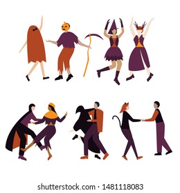 Couples of cartoon characters having fun dancing at Halloween party. Men and women dressed in Halloween costumes dancing at club or concert.  Flat vector illustration