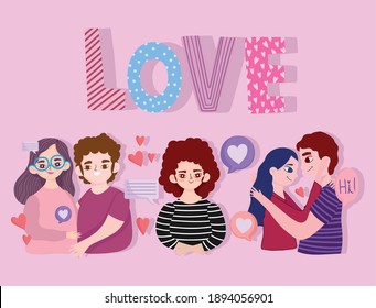 couples cartoon love text and hearts romantic cartoon vector illustration