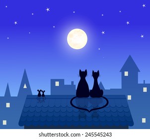 couples cats and mouses  sitting on roof and looking to moon, love  design, vector illustration