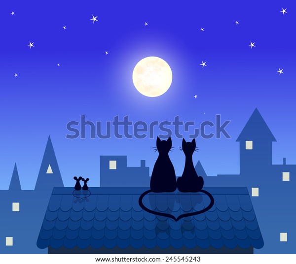 couples cats and mouses  sitting on\
roof and looking to moon, love  design, vector\
illustration