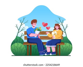 Couples celebrate Valentine's Day by giving gifts to their partners.
A couple sitting on a park bench and loving each other.
Can be use for greeting card, postcard, banner, web, apps, etc