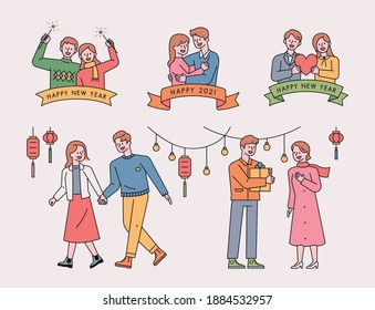 Couples characters and logos. Many couples are celebrating the new year. flat design style minimal vector illustration.