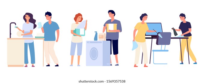 Couples clean the house. Man woman cleaners housework sweep household equipment vector cartoon characters