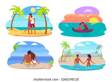 Couples collection seaside, people in love having good time together by seaside, swimming and sailing vector illustration isolated on white background