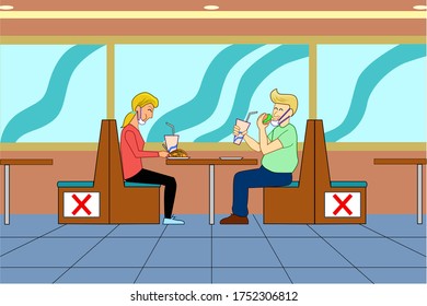 Couples come out to dine  in a restaurant with a table distancing,new normal,social distancing,cartoon flat character colorful,after lockdown Coronavirus outbreak and coronaviruses influenza.