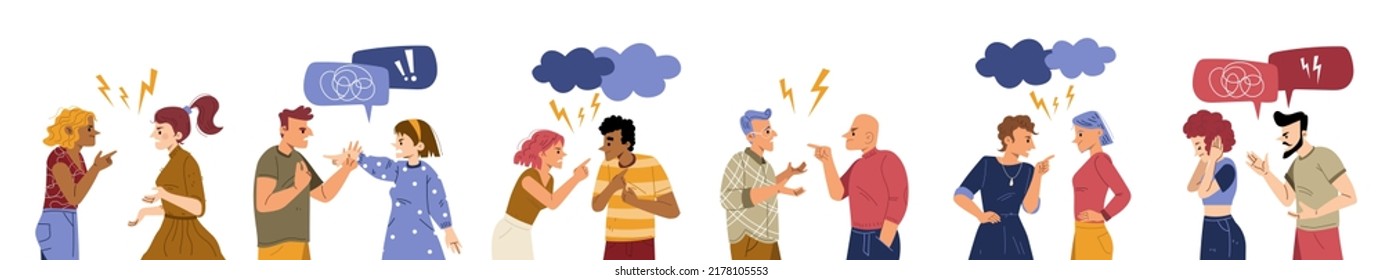 Couples conflict, quarrel, angry people swear and argue. Male and female characters scandal, arguing. Homosexual and heterosexual pairs yell, divorce, spousal abuse, Line art flat vector illustration