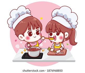 Couples cook in the kitchen cartoon character illustration Premium Vector