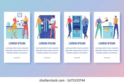 Couples Cooking Food Onboarding Screen Template. Wife and Husband in Kitchen Mobile App Interface Vector Layout. Senior Couple Characters Washing Dishes Together. Pancakes for Breakfast