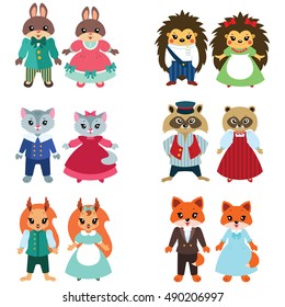 Couples of cute cartoon animals isolated on white background. Flat vector illustration. 