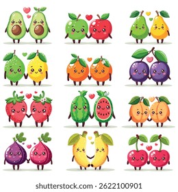 Couples of cute fruit holding hands. Vector illustration. Isolated on white background.